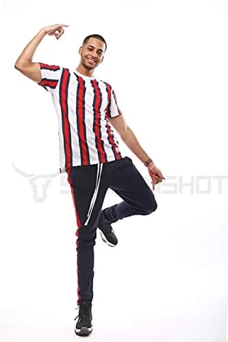 SCREENSHOT Men's Slim Fit Workout Track Pants S41700-Blue/Red | Athletic Slim Fit, Mid Rise, Cuffed, 95% Poly/5% Spandex, Small thumbnail 2