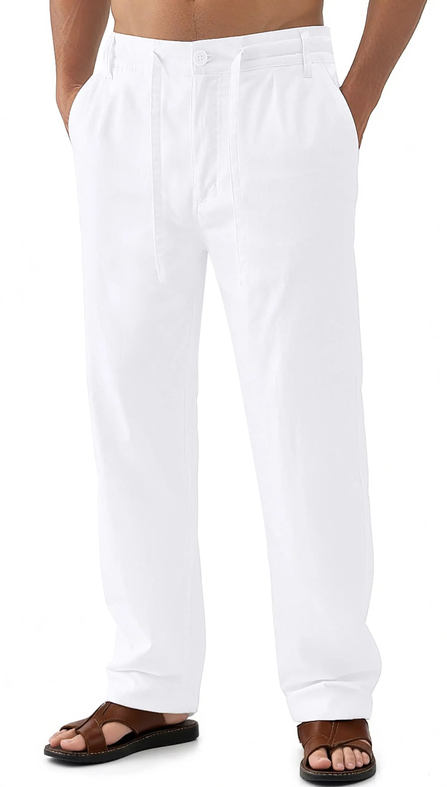 Janmid Men Casual Linen Pants White S | Breathable Summer Trousers for Men