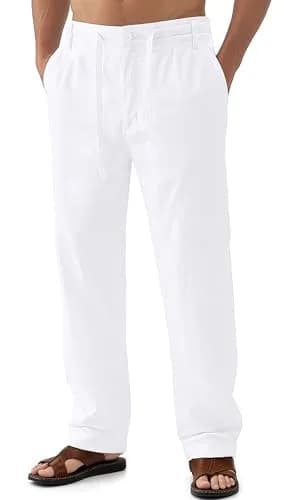 Janmid Men Casual Linen Pants White S | Breathable Summer Trousers for Men thumbnail 1