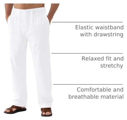 Janmid Men Casual Linen Pants White S | Breathable Summer Trousers for Men thumbnail 4