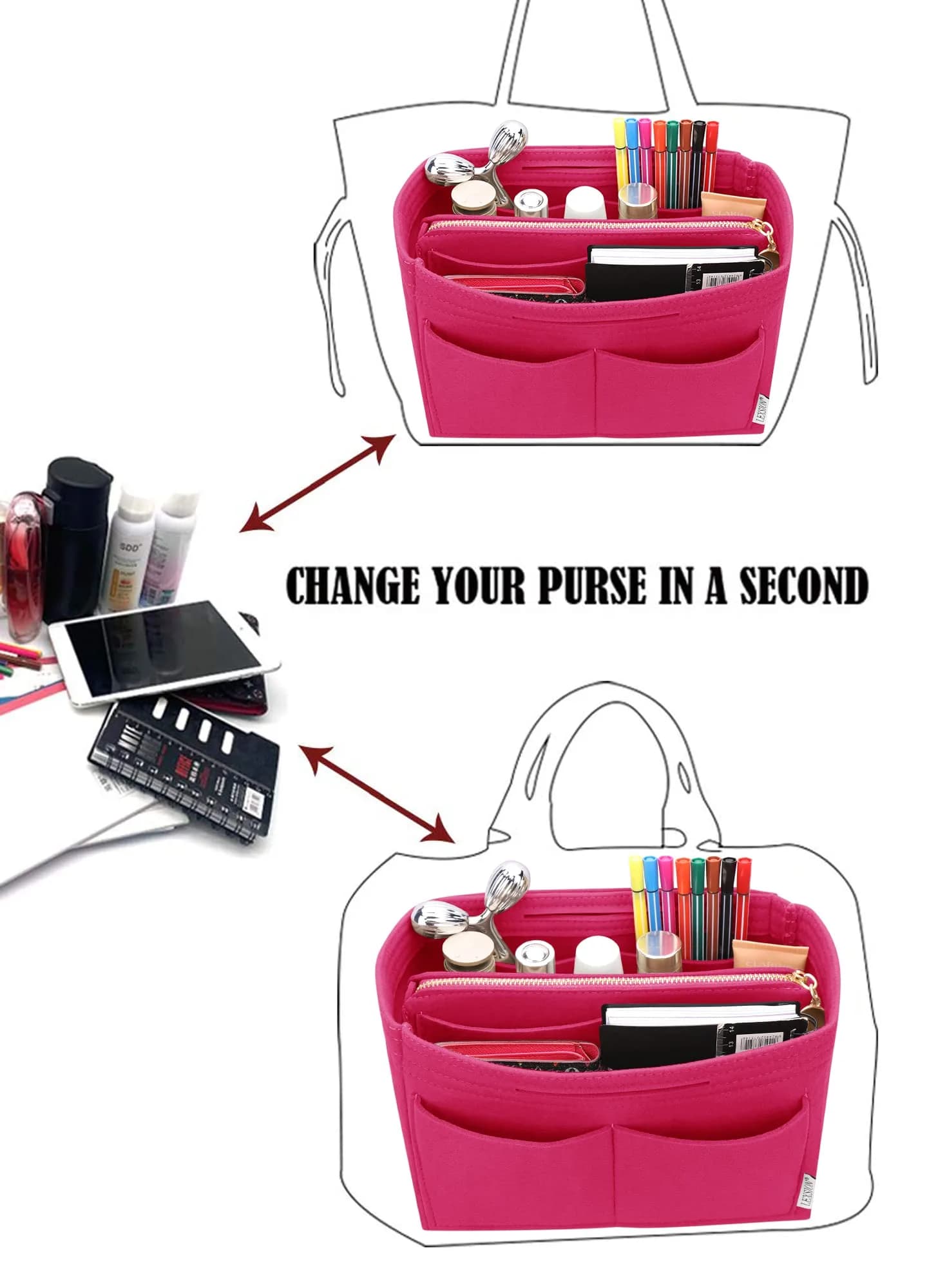 LEXSION Felt Purse Bag Organizer Insert with Zipper, Rosy XL (34cm x 18cm x 17cm) | Keeps Handbags Shipshape - view 5