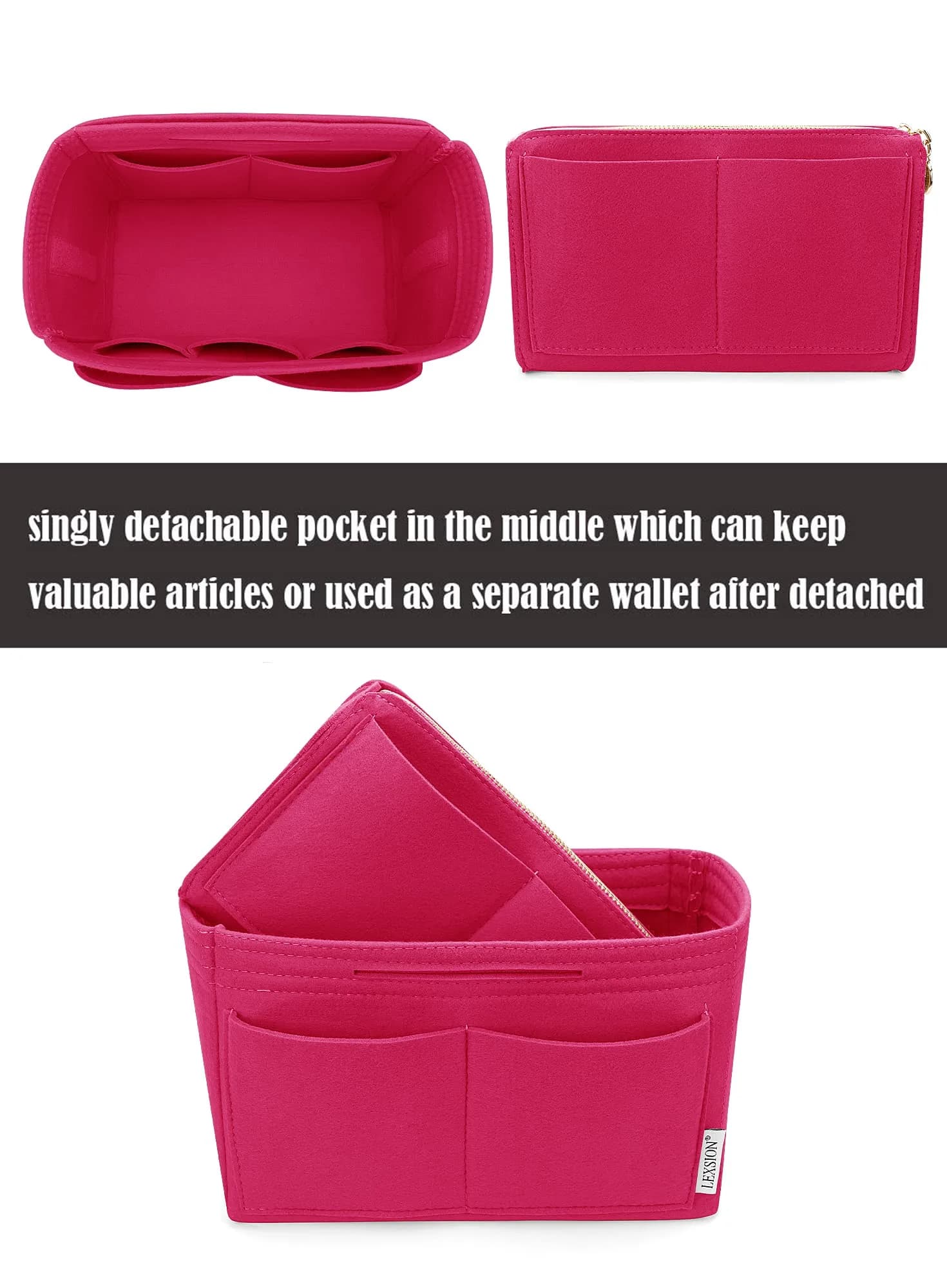 LEXSION Felt Purse Bag Organizer Insert with Zipper, Rosy XL (34cm x 18cm x 17cm) | Keeps Handbags Shipshape - view 2