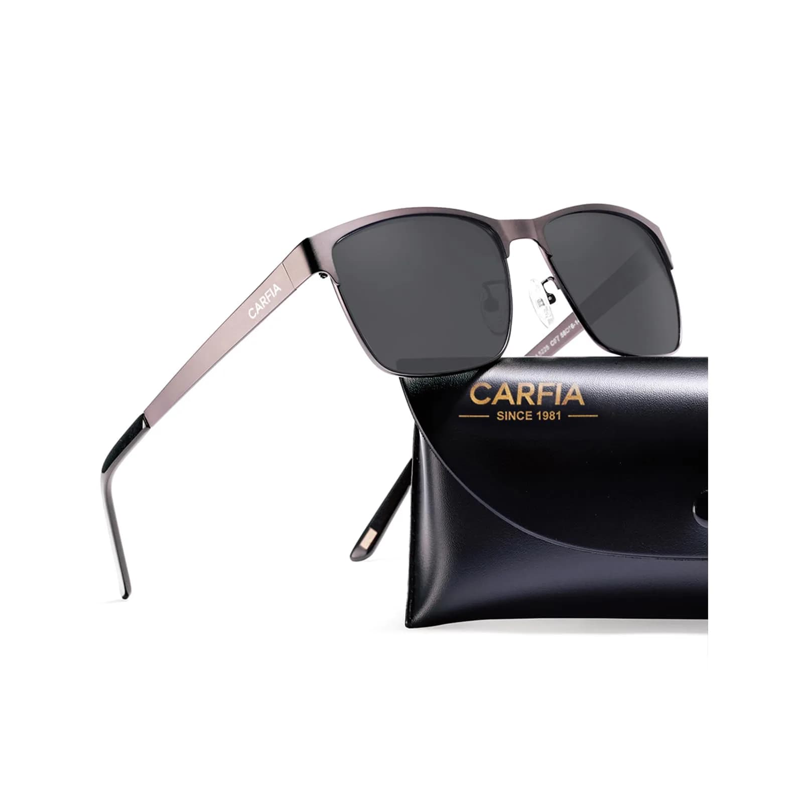 CARFIA Polarized Sunglasses for Men Spring Hinge Metal Frame CA5225 | Classic Square Design with UV400 Protection (70-120 chars) — Gun Frame Grey Lens