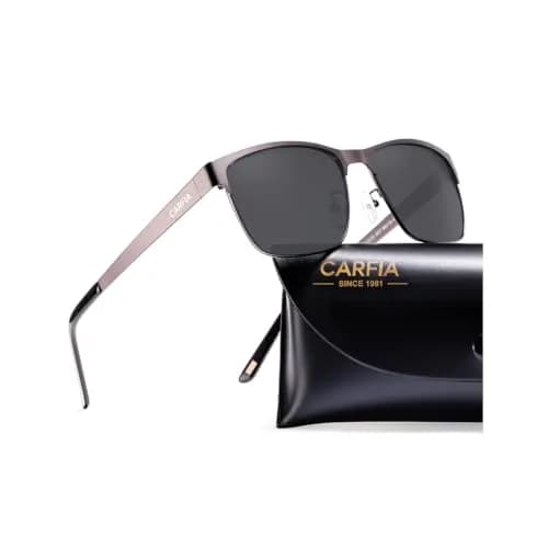 CARFIA Polarized Sunglasses for Men Spring Hinge Metal Frame CA5225 | Classic Square Design, UV400, Spring Hinge, Includes Leather Case thumbnail 1