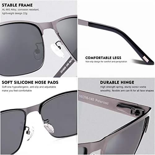 CARFIA Polarized Sunglasses for Men Spring Hinge Metal Frame CA5225 | Classic Square Design, UV400, Spring Hinge, Includes Leather Case thumbnail 4