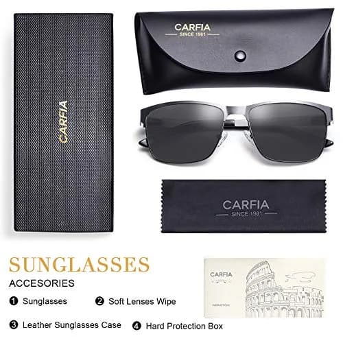 CARFIA Polarized Sunglasses for Men Spring Hinge Metal Frame CA5225 | Classic Square Design, UV400, Spring Hinge, Includes Leather Case thumbnail 7