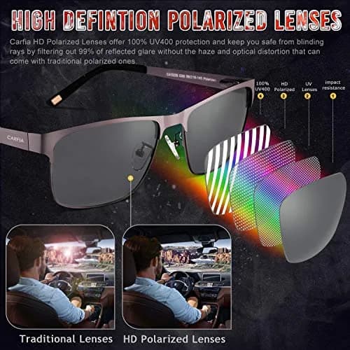 CARFIA Polarized Sunglasses for Men Spring Hinge Metal Frame CA5225 | Classic Square Design, UV400, Spring Hinge, Includes Leather Case thumbnail 3