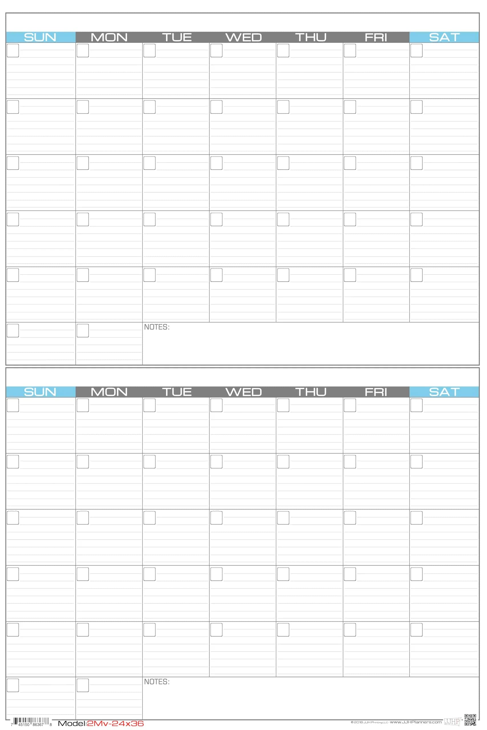 JJH Planners Laminated 2 Month Vertical Wall Calendar Large | Undated, Reusable, US-Made — 24 x 36-L