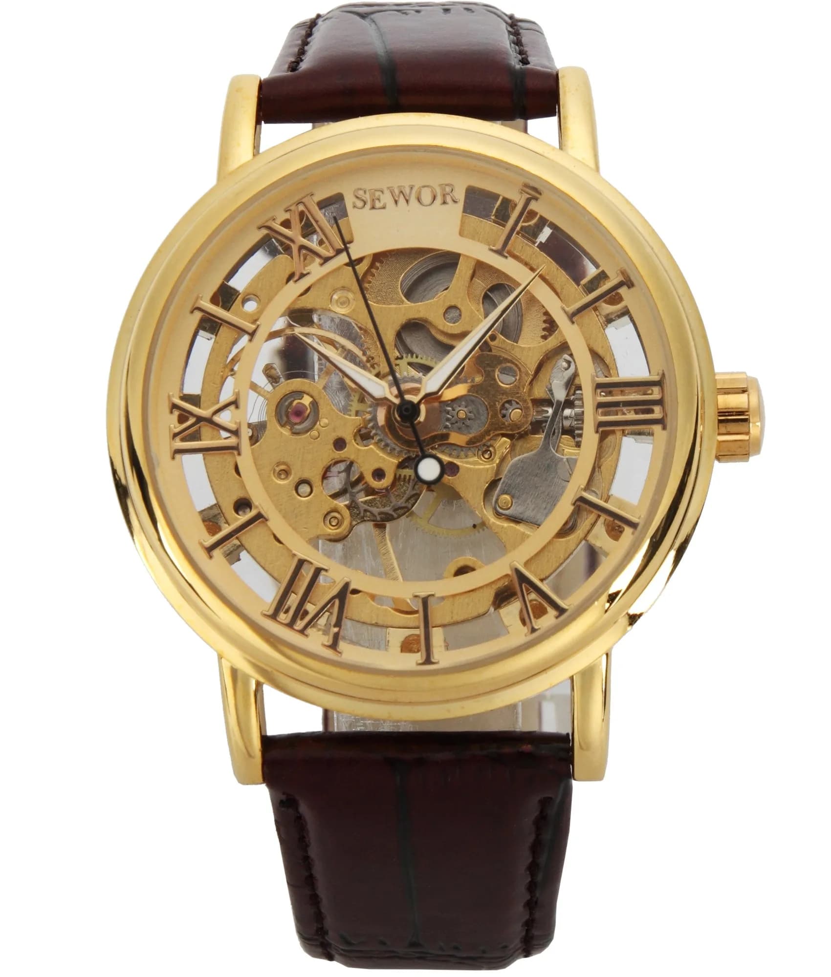 SEWOR Men's Mechanical Skeleton Watch 41mm (Gold) | Vintage Style Leather Strap