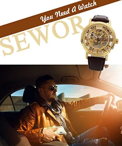 SEWOR Men's Mechanical Skeleton Watch 41mm (Gold) | Vintage Style Leather Strap thumbnail 2