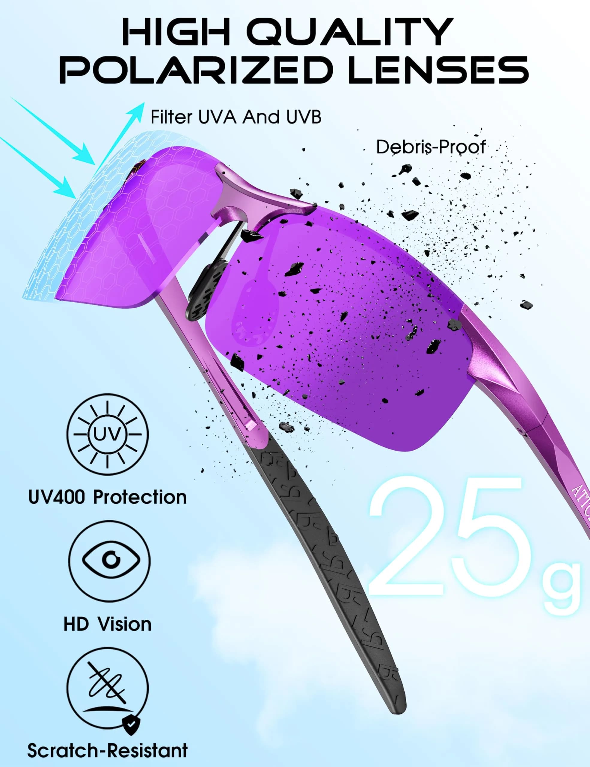 ATTCL Polarized Sports Sunglasses for Men: Purple Mirrored Lenses, UV400 Protection, Lightweight Al-Mg Metal Frame - view 4