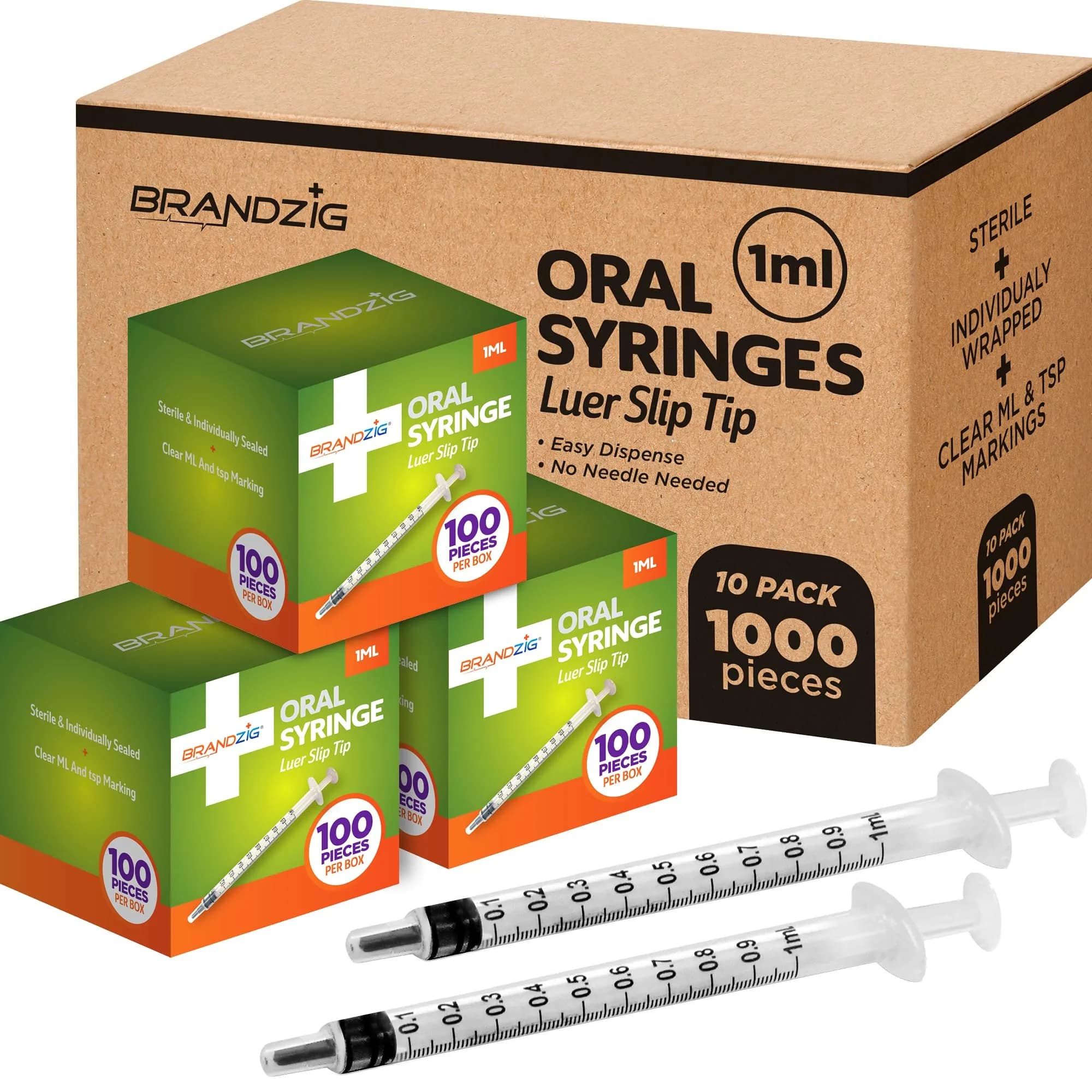 BRANDZIG 1ml Oral Syringe - 100 Pack - Luer Slip Tip, Sterile, Individually Packed - main product image