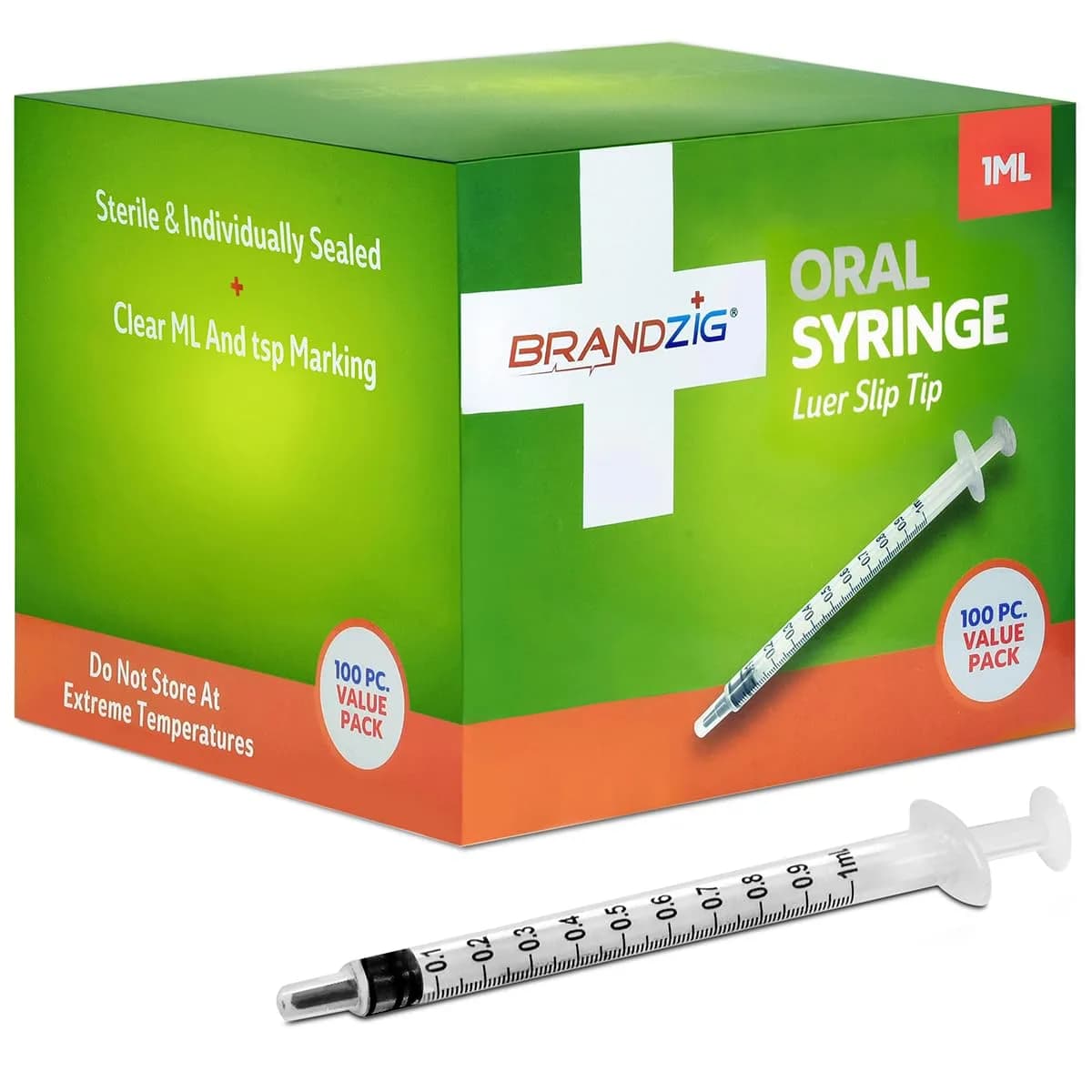 BRANDZIG 1ml Oral Syringe with Luer Slip Tip, Sterile, Individually Packed | 1000-Piece Bulk Case — Pack