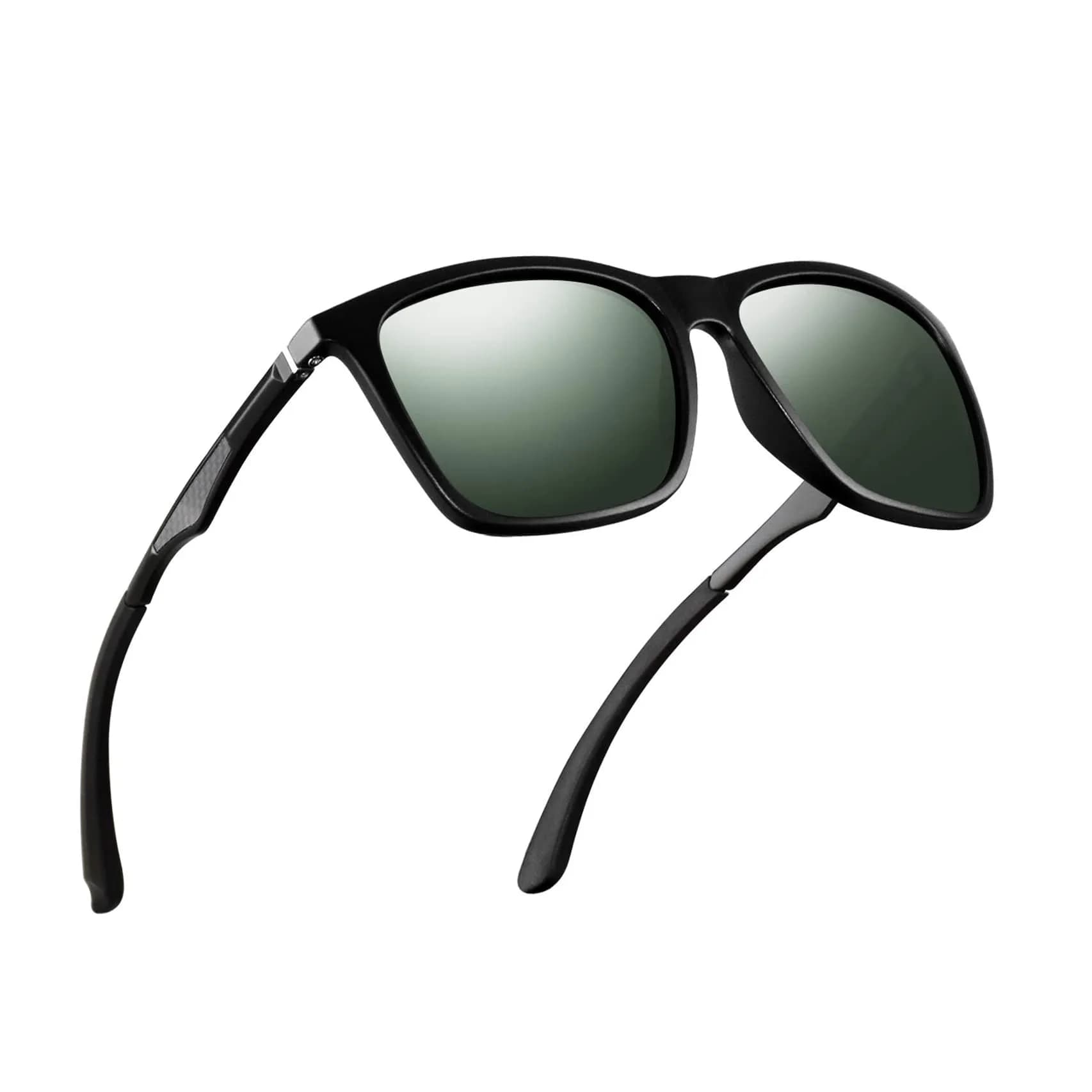 monrich Polarized Rectangular Sunglasses for Men, Matte Black Frame & Green Lens | UV400 Protection — Green Lens/Matte Black Frame