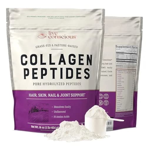 Live Conscious Collagen Peptides Powder Hazelnut Flavor 12.4oz | Hair, Skin, Nail, & Joint Support — Unflavored