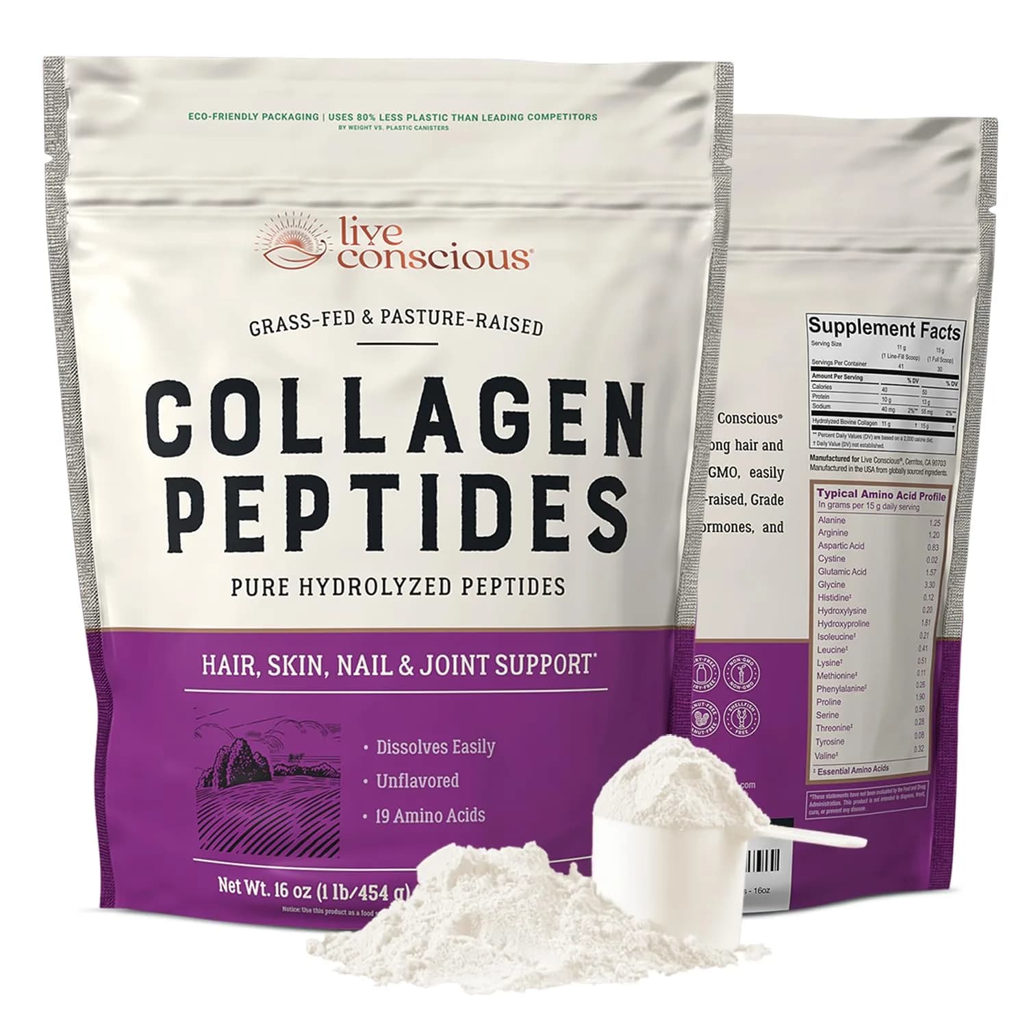 Live Conscious Collagen Peptides Powder Type I & III, 7.8 oz (221g) | Hydrolyzed Bovine Protein for Skin, Hair, Nails — Unflavored