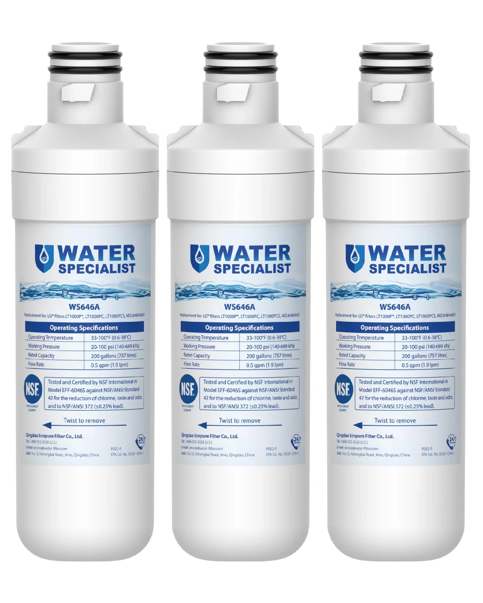 Waterspecialist LT1000PC Refrigerator Water Filter 3 Pack | NSF Certified for Purer Water - main product image