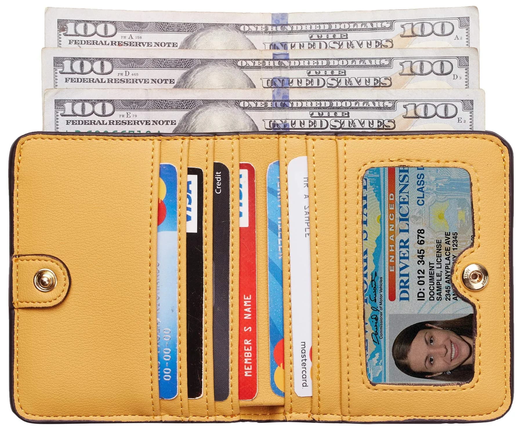 Toughergun Women's Small Slim Leather Wallet with RFID Protection, Compact Bifold Mini Purse with Clear ID Window (Yellow) - view 2