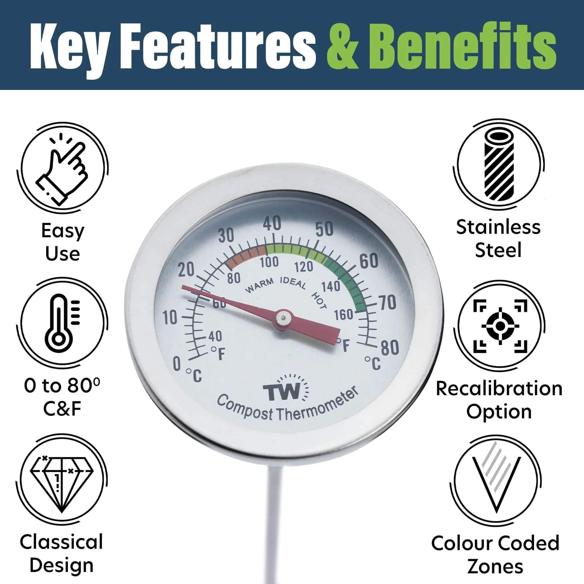 Thermometer World Compost Thermometer Stainless Steel Dial with 295MM Probe & 50MM Dial | Measures 29.5cm (11.61in) Probe Length - view 2