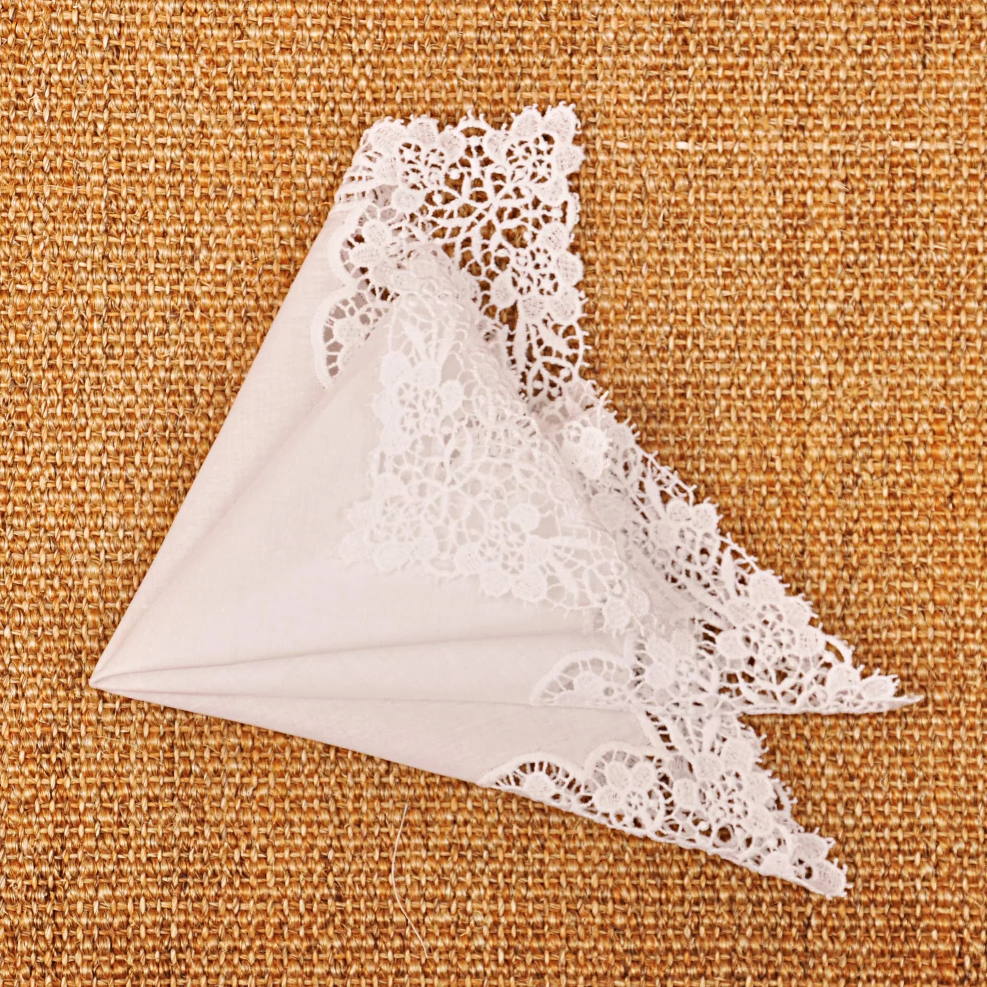Milesky White Wedding Handkerchief Pure Cotton with Crochet Lace | 30x30cm (11.5x11.5") - view 5