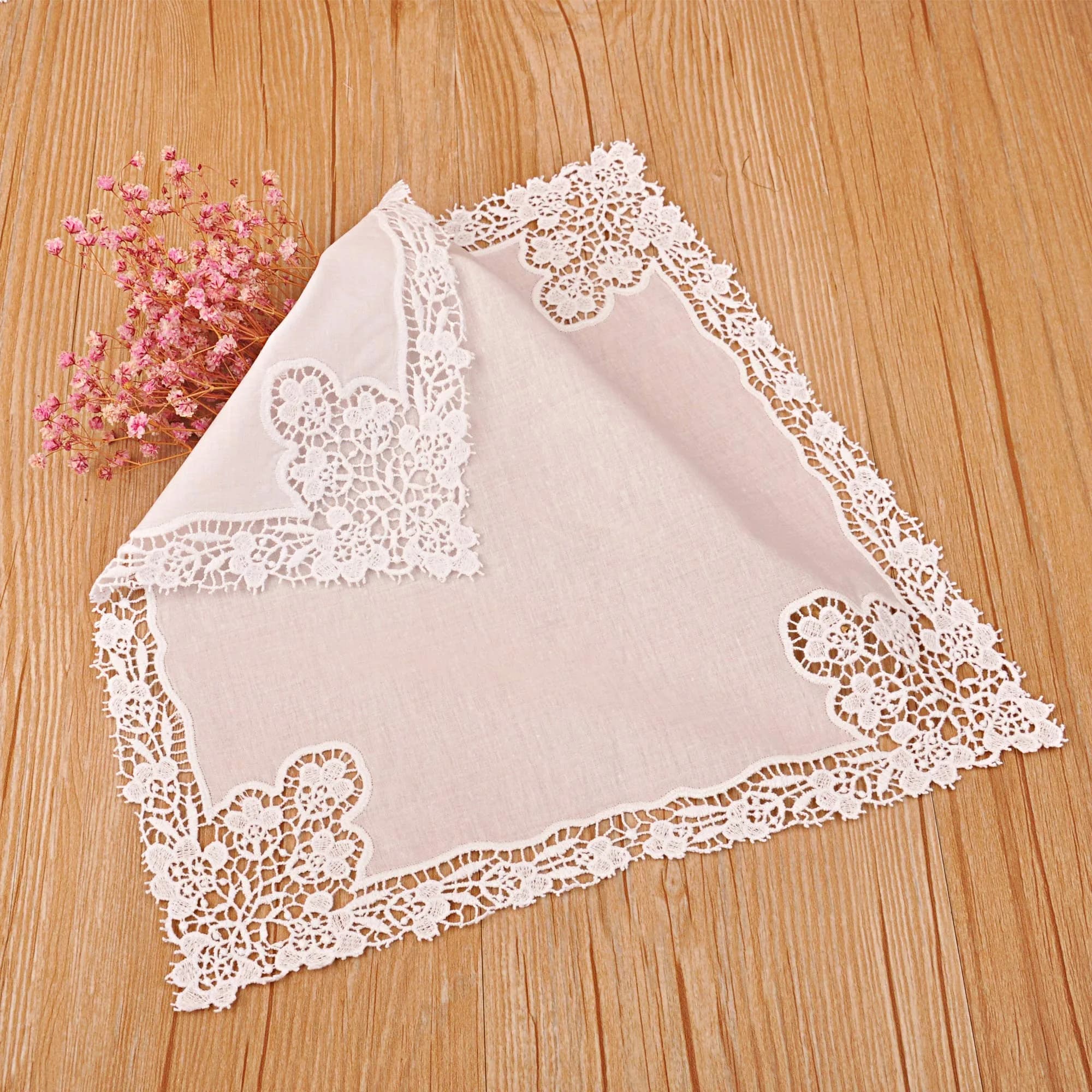Milesky White Wedding Handkerchief Pure Cotton with Crochet Lace | 30x30cm (11.5x11.5") - view 2
