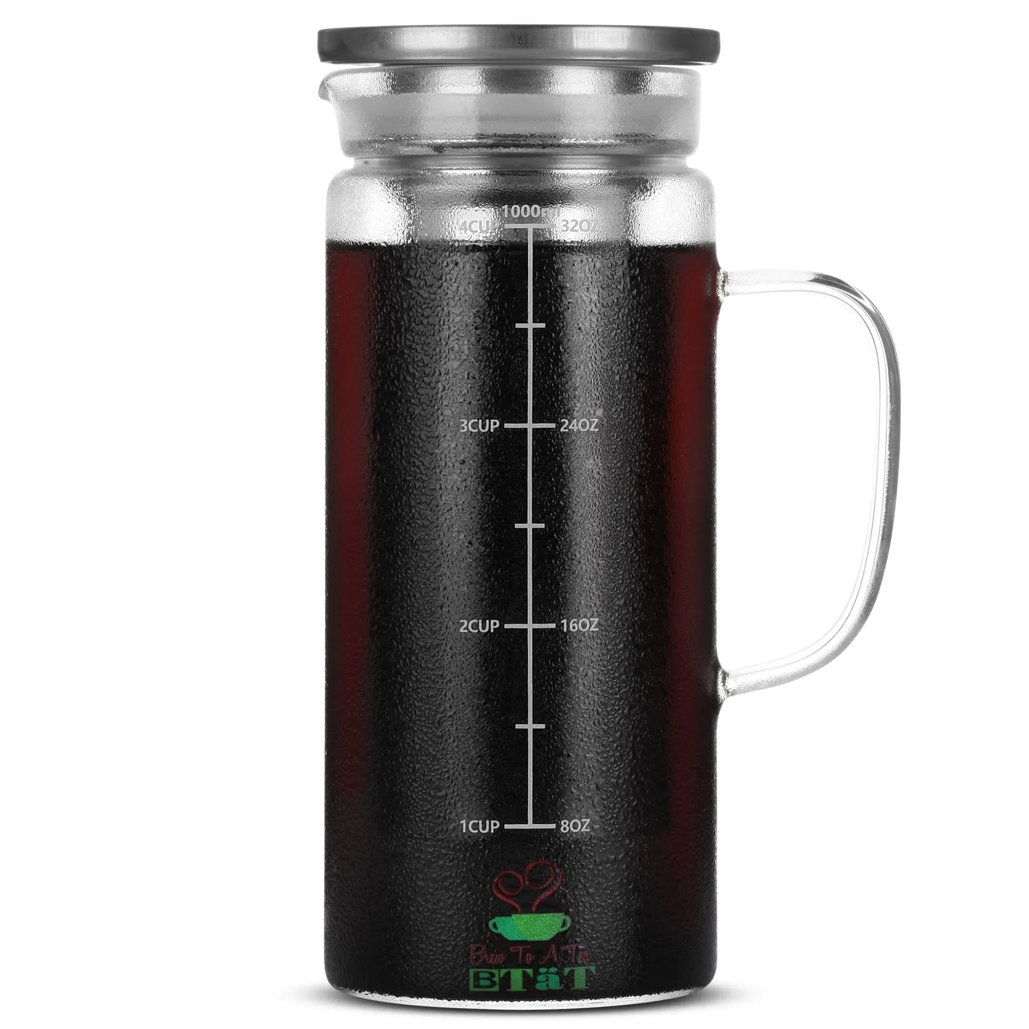 Brew To A Tea Cold Brew Coffee Maker, 32 oz | Airtight, Stainless Steel Mesh, Borosilicate Glass — Clear