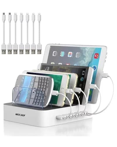 MSTJRY 5-Port USB-A Charging Station with 7 Cables | Charges 5 Devices Simultaneously, Organizes Cables — White
