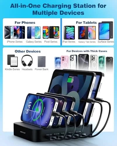 MSTJRY 5-Port USB-A Charging Station with 7 Cables, Black | 50W Fast Charging Dock for Phones & Tablets thumbnail 5