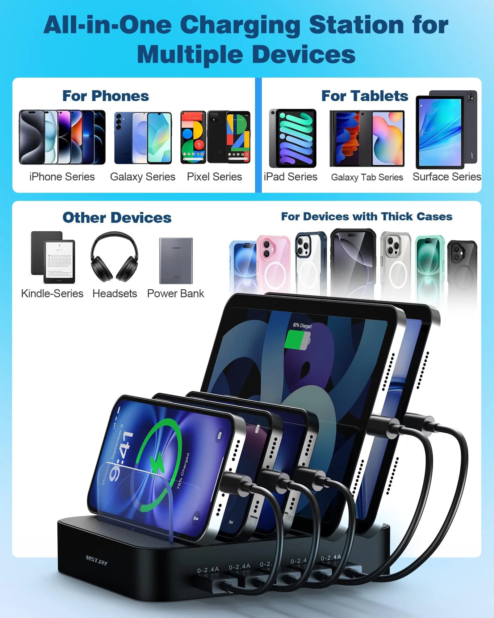 MSTJRY 5-Port USB-A Charging Station with 7 Cables, Black | 50W Fast Charging Dock for Phones & Tablets - view 5