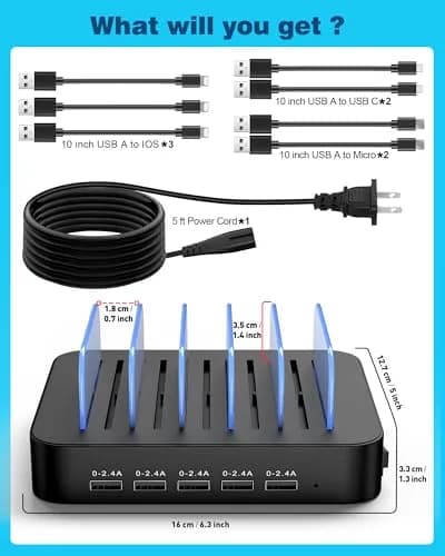 MSTJRY 5-Port USB-A Charging Station with 7 Cables, Black | 50W Fast Charging Dock for Phones & Tablets thumbnail 7