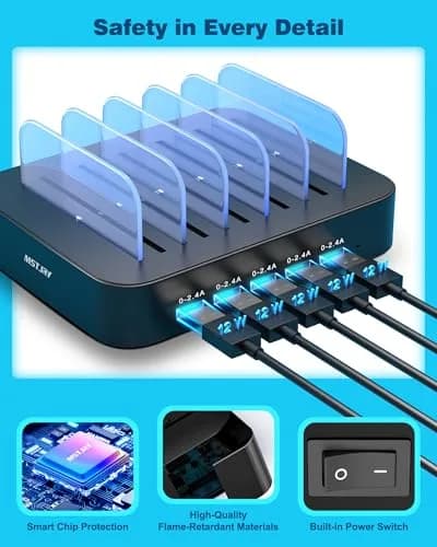 MSTJRY 5-Port USB-A Charging Station with 7 Cables, Black | 50W Fast Charging Dock for Phones & Tablets thumbnail 2