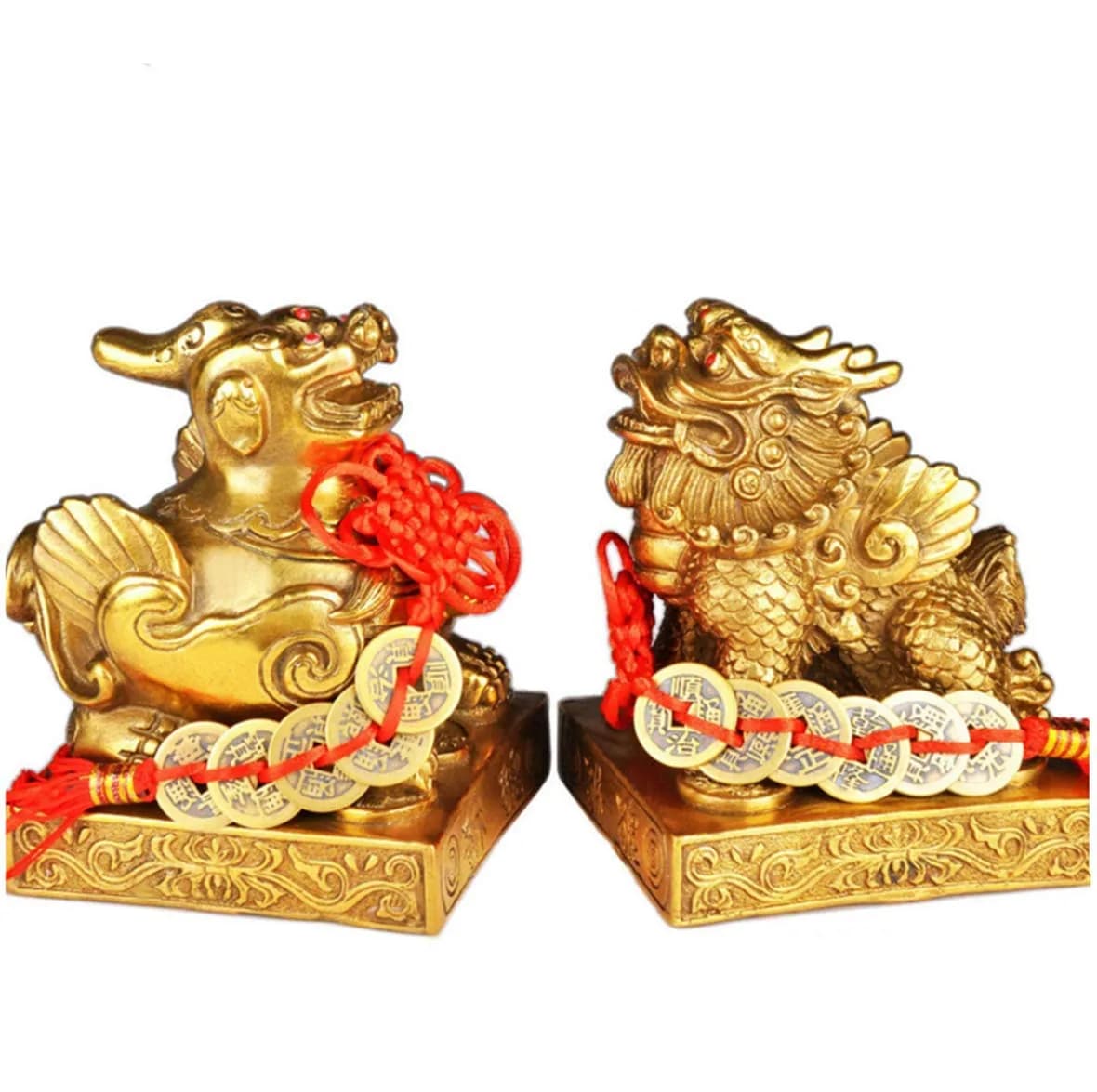 xiulin Feng Shui Bronze Pixiu Pair with Five Emperors Coins | Traditional Decorative Accents — Gold