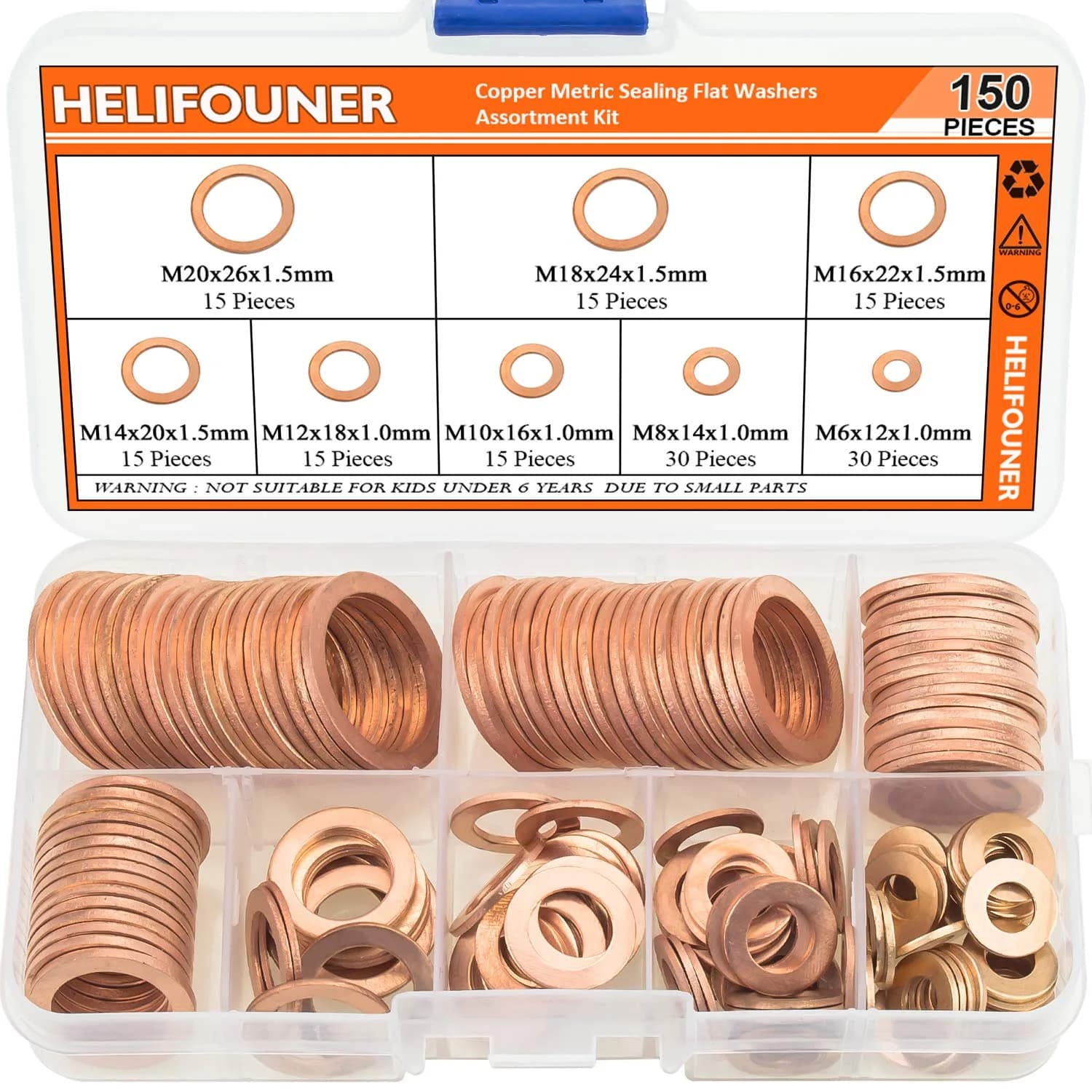 HELIFOUNER Copper Metric Sealing Washers Assortment Kit 150 PCS (M6-M20) | Corrosion Resistant Flat Washers for Electrical & Automotive — Assorted (8 Sizes)