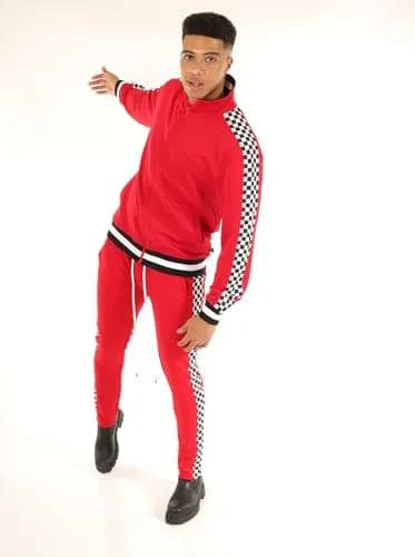 SCREENSHOT Mens Urban Hip Hop Slim Fit Track Jacket - Red | Checker Taped Fashion Top thumbnail 2
