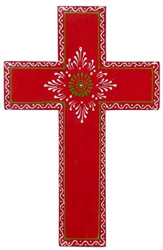 Purpledip Handpainted Mangowood Wall Cross 'Holy Spirit' 25.4cm (10") | Rustic Red Religious Plaque thumbnail 1