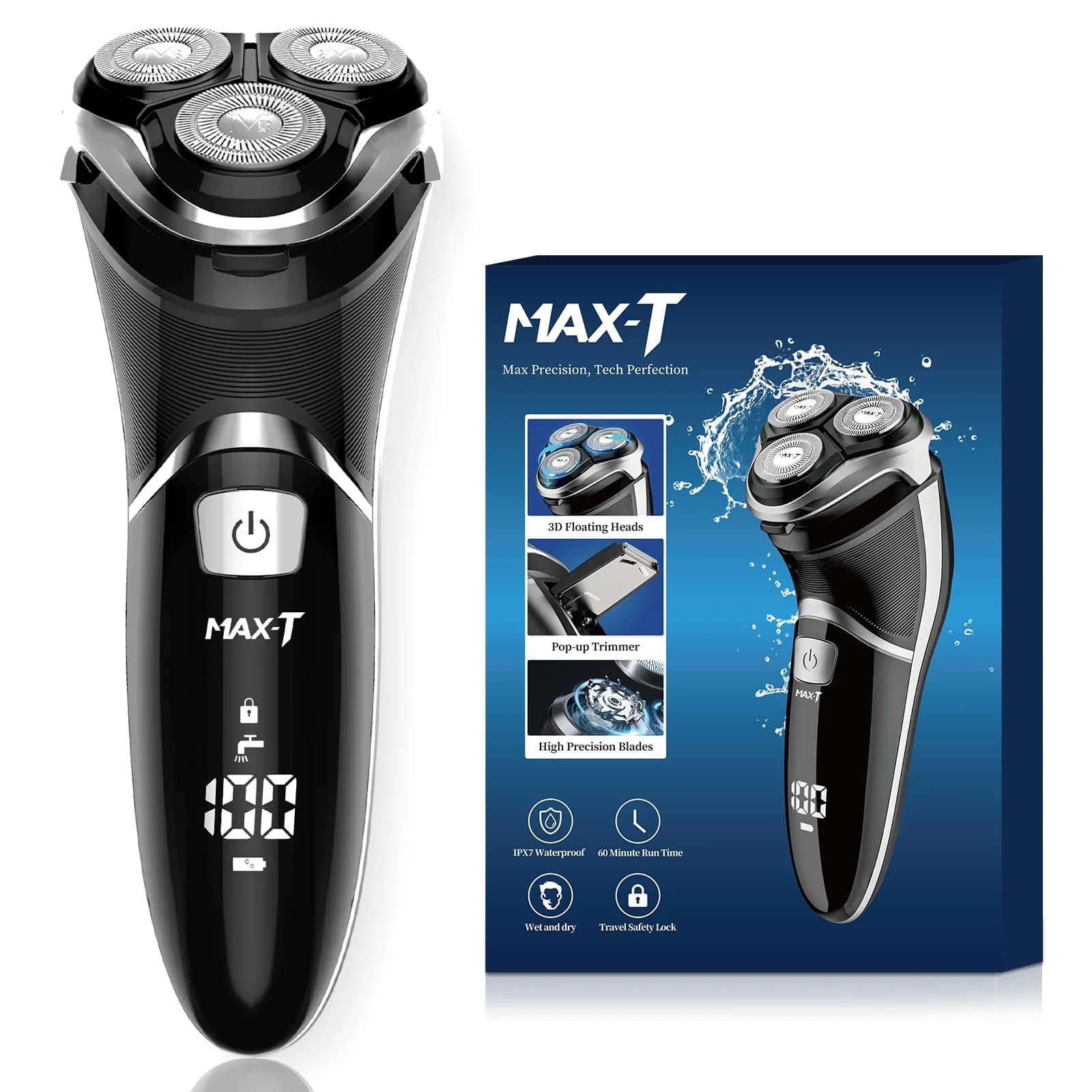 MAX-T Men's Electric Shaver 3D Rotary Wet & Dry Waterproof Rechargeable | Close & Comfortable Shave — Black