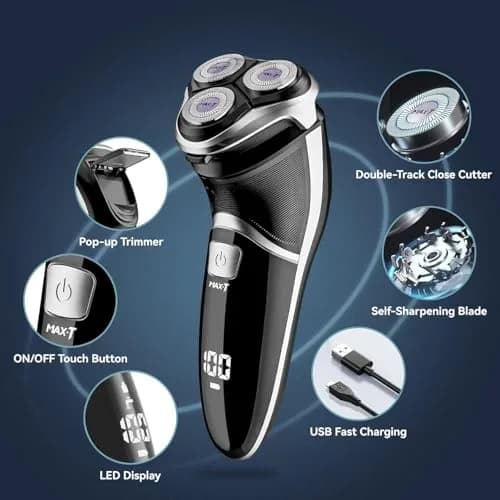 MAX-T Men's Electric Shaver 3D Rotary Wet & Dry Waterproof Rechargeable | Close & Comfortable Shave thumbnail 8