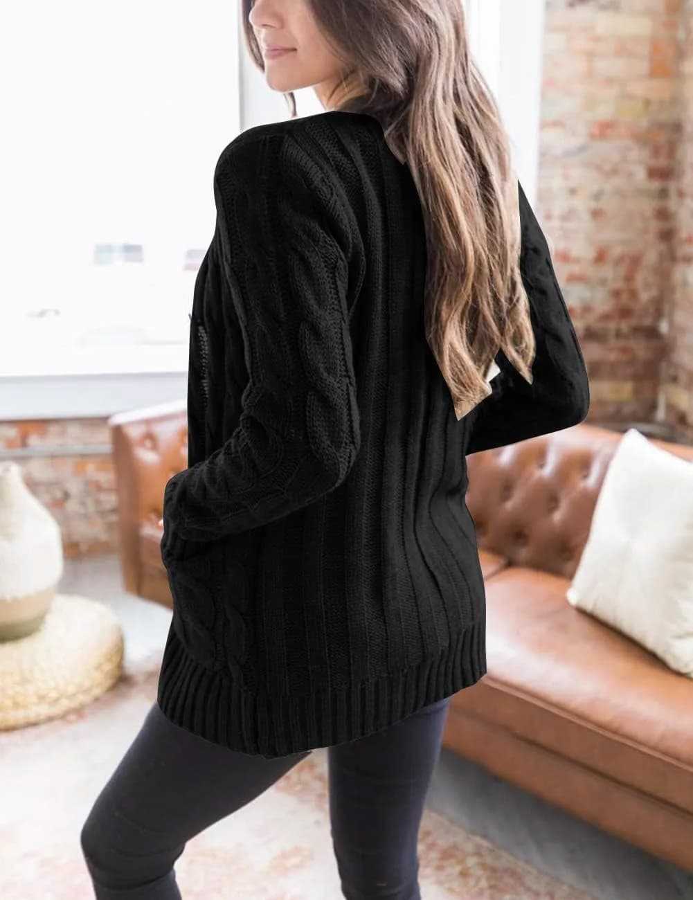 MEROKEETY Women’s Fall 2026 Long Sleeve Cable Knit Cardigan, Black, S | Relaxed Fit & Soft Acrylic thumbnail 2