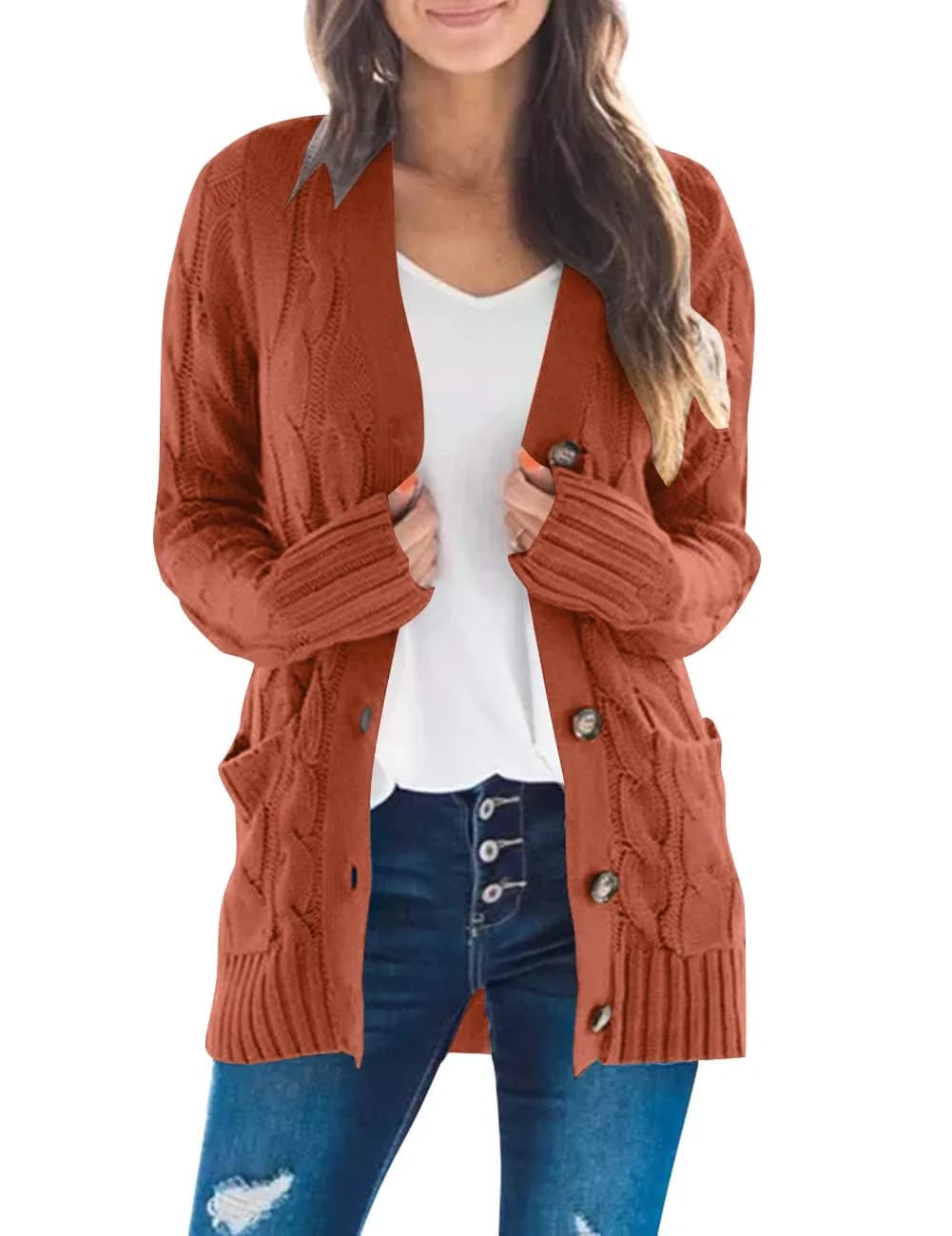 MEROKEETY Women’s Fall 2026 Long Sleeve Cardigan Sweater, Black, L | Cozy, Soft Acrylic Knit for All Body Types — Rust / Small