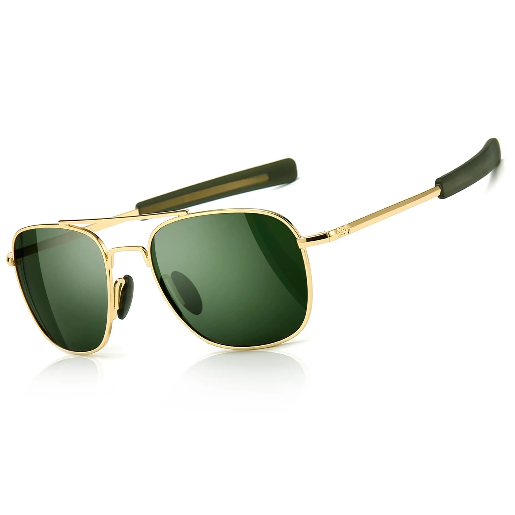 SUNGAIT Men's Military Style Polarized Pilot Aviator Sunglasses Bayonet Temples 55mm | HD Polarized Lens — Gold/Green