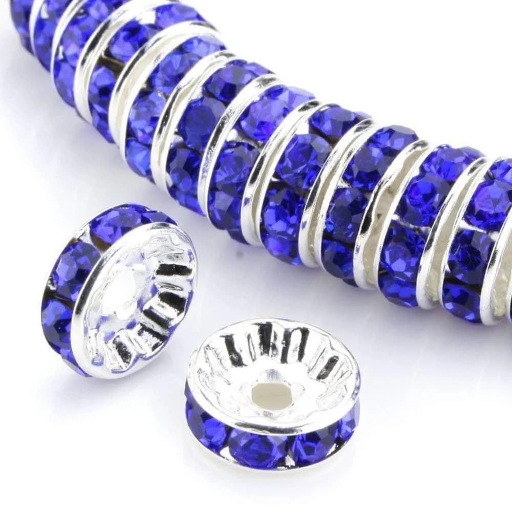 Allb Blue Czech Crystal Rondelle Spacer Beads 6mm (100 Pcs) | Silver Plated Rhinestone for Jewelry Making - main product image