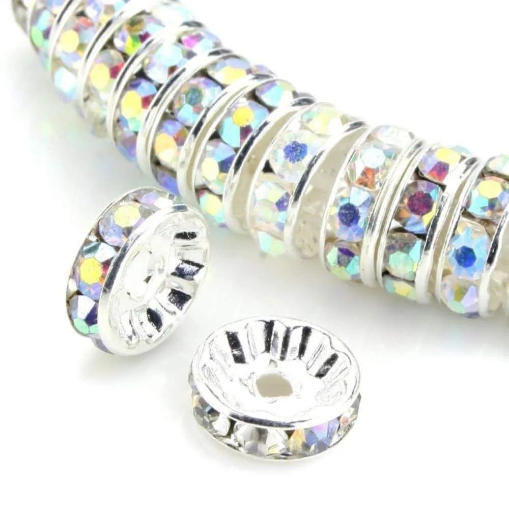 Allb 100Pcs 8mm Crystal Rondelle Spacer Beads | Multicolored Silver Plated Rhinestone for Jewelry Making — Multicolored