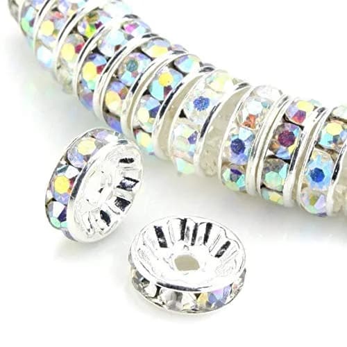 Allb 100Pcs 8mm Crystal Rondelle Spacer Beads | Multicolored Silver Plated Rhinestone for Jewelry Making thumbnail 1