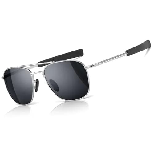 SUNGAIT Men's Military Style Polarized Pilot Aviator Sunglasses Silver Frame/Gray Lens 55mm (2.17in) | UV Protection thumbnail 1