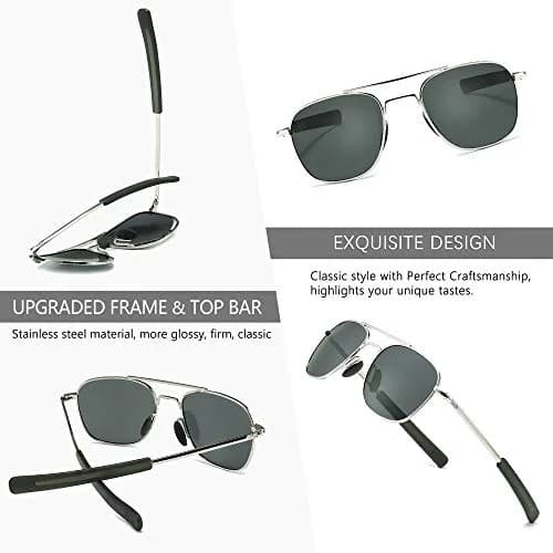 SUNGAIT Men's Military Style Polarized Pilot Aviator Sunglasses Silver Frame/Gray Lens 55mm (2.17in) | UV Protection thumbnail 4