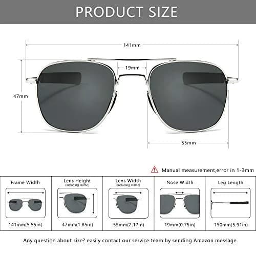 SUNGAIT Men's Military Style Polarized Pilot Aviator Sunglasses Silver Frame/Gray Lens 55mm (2.17in) | UV Protection thumbnail 5