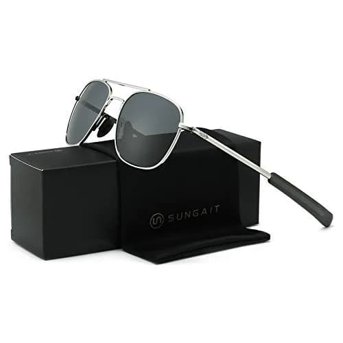 SUNGAIT Men's Military Style Polarized Pilot Aviator Sunglasses Silver Frame/Gray Lens 55mm (2.17in) | UV Protection thumbnail 7