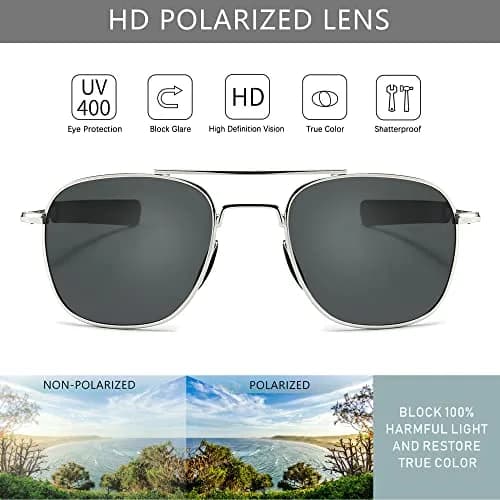 SUNGAIT Men's Military Style Polarized Pilot Aviator Sunglasses Silver Frame/Gray Lens 55mm (2.17in) | UV Protection thumbnail 2