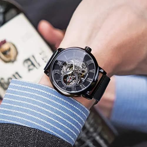 FORSINING Men's Mechanical Skeleton Watch 41mm (1.61 in) Black | Retro Design with Roman Numerals - view 6