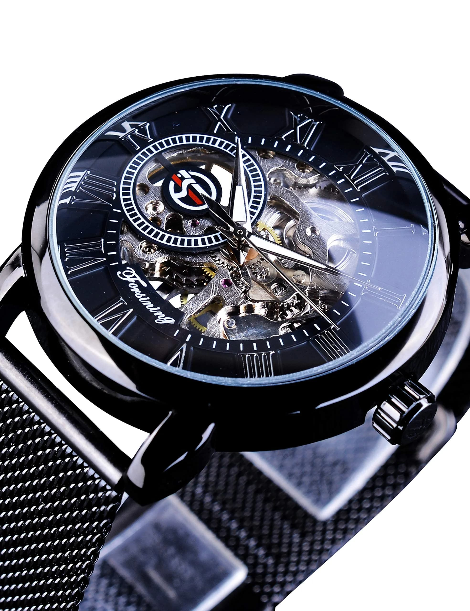 FORSINING Men's Mechanical Skeleton Watch 41mm (1.61 in) Black | Retro Design with Roman Numerals thumbnail 2
